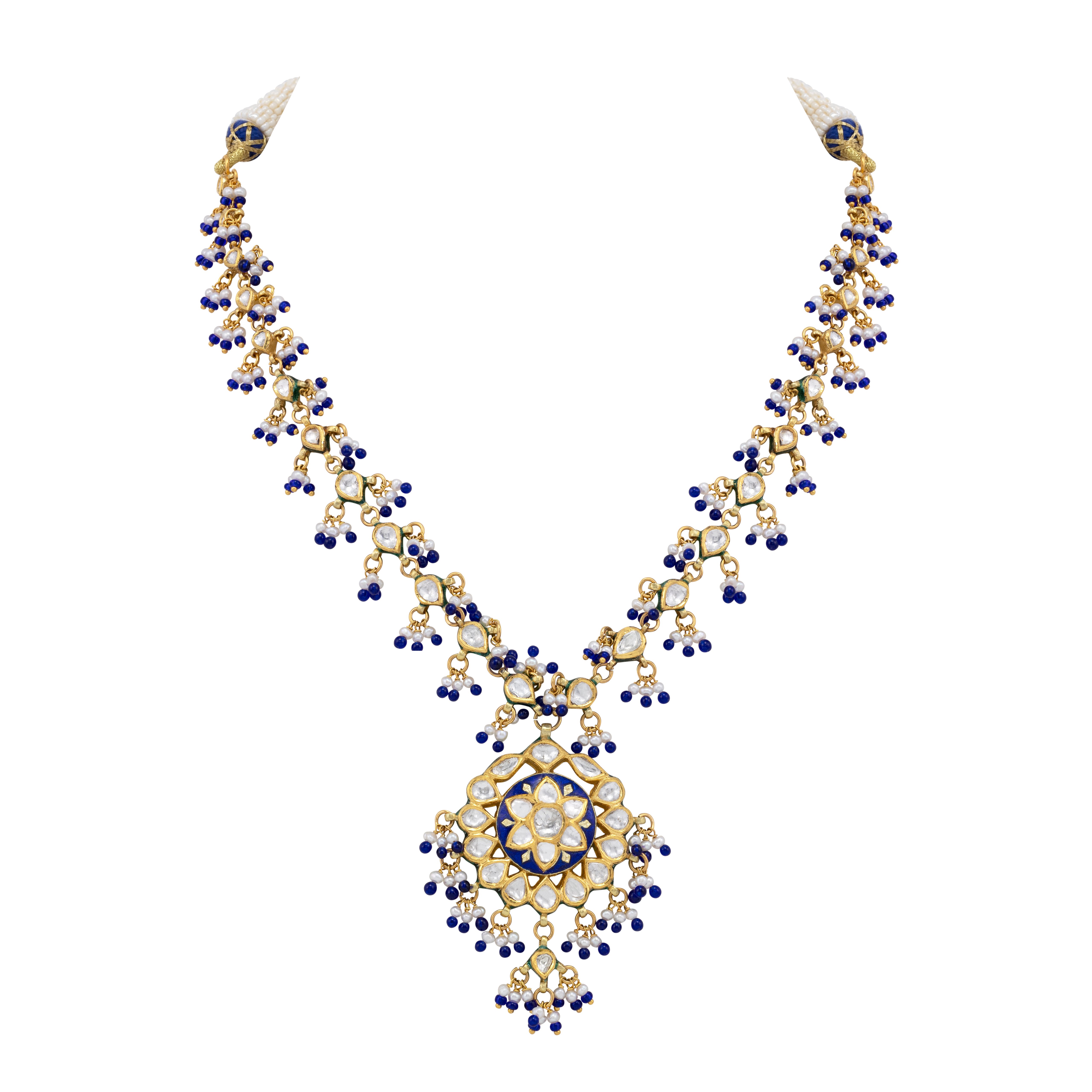 Blue Enamel Polki Necklace with Pearl and Bead Accents